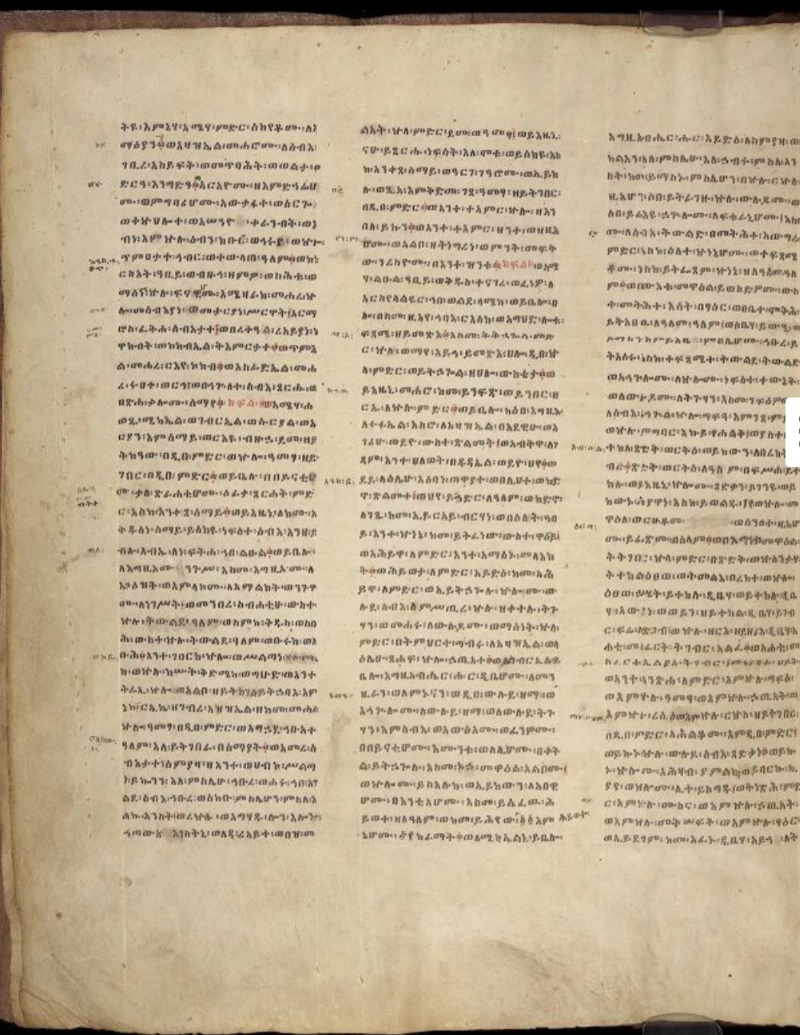 A page of an 18th century Ethiopic parchment manuscript written in three columns of Ge'ez script