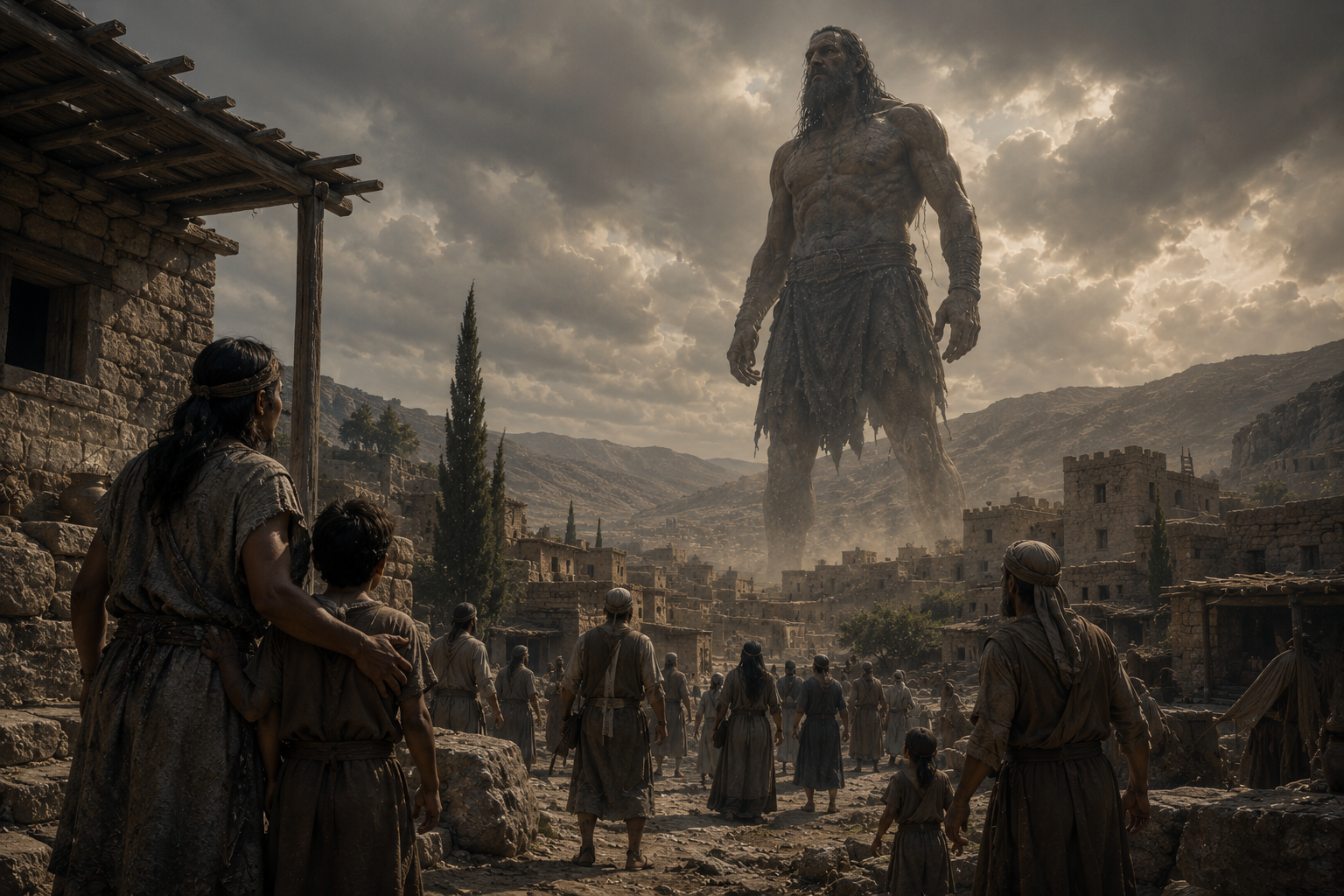 Artist's interpretation of a giant figure among people in an ancient village